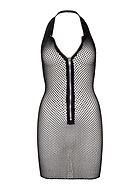 Night mini dress, fishnet, halterneck, open back, front zipper